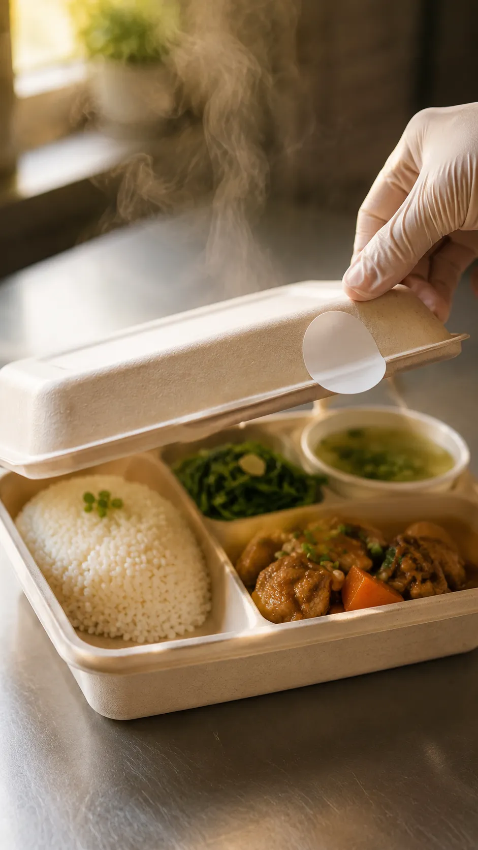 Bàn tay mở hộp cơm trưa School Feast còn nóng, đầy đủ món